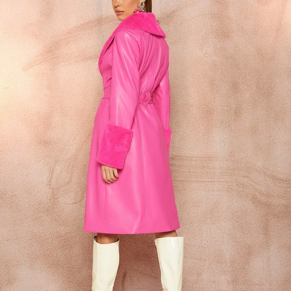 Pink Preppy Women's Single Breasted Coat w/Fur Collar And Waist Belt - Picture 2 of 5
